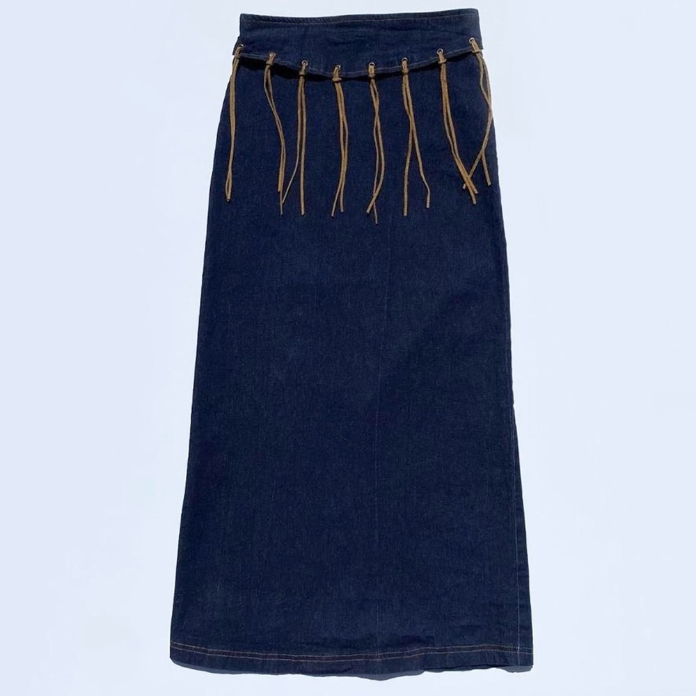 Zoey Beth 90s maxi dark blue denim skirt with fringe Women's Medium Western Boho
